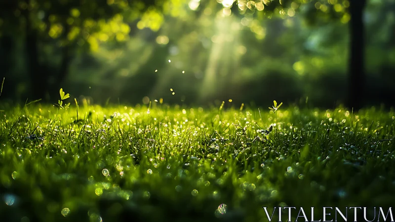 Morning sunbeams illuminate dew-covered grass in forest clearing