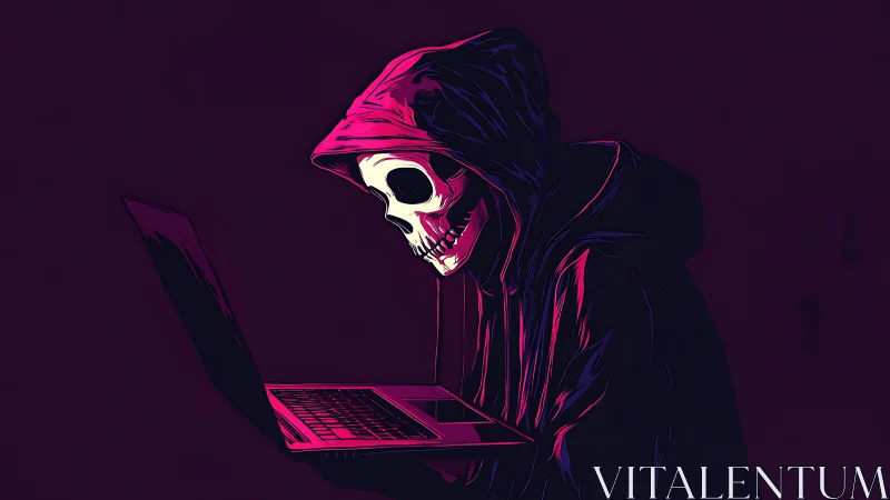 Grim reaper hacker skeleton in hoodie using laptop at night.