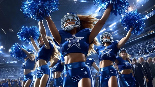 Pom poms ignite a blue stadium storm around helmeted cheerleaders