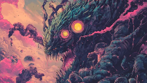 Cosmic creature rendered with layered textures and neon lighting