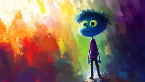 Blue cartoon figure against multicolored abstract backdrop.