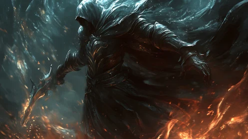Hooded shadow warlock commands swirling fire and ice.