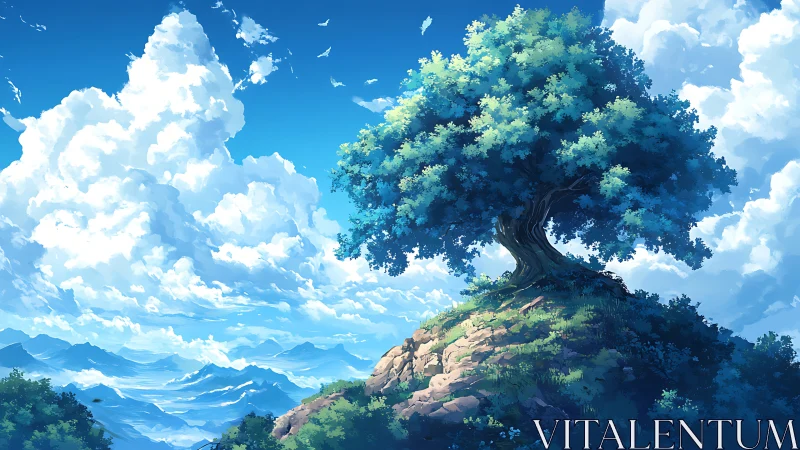 Lone hilltop tree under vast clouds and distant mountains.