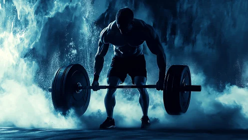 Male athlete lifting heavy barbell in dramatic blue light.