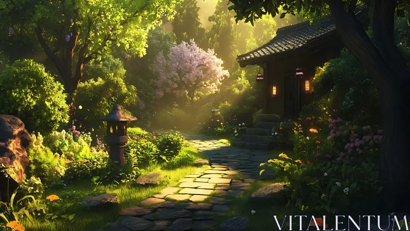 Sunlit stone path winding through a secret blossom sanctuary.