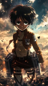 Anime soldier figure in uniform amid debris-filled sky.