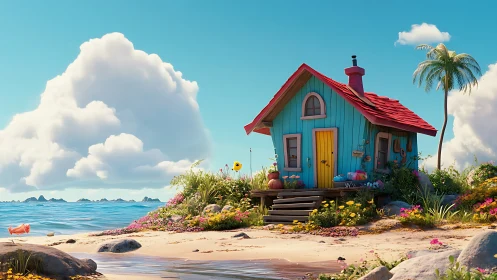 Bright turquoise beach cottage with red roof overlooking tropical ocean