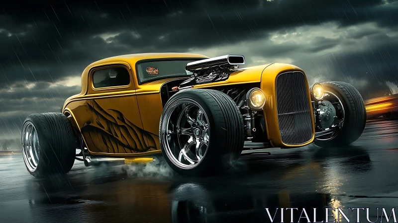 Supercharged yellow hot rod coupe on wet asphalt at night