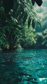 Sunlit rainforest pool rendered in hyperreal cinematic detail
