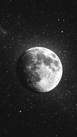Monochrome lunar hemisphere with dense starfield composition.