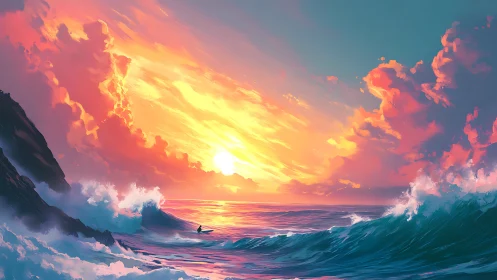 Sunset surfer riding storybook waves beneath glowing sky.