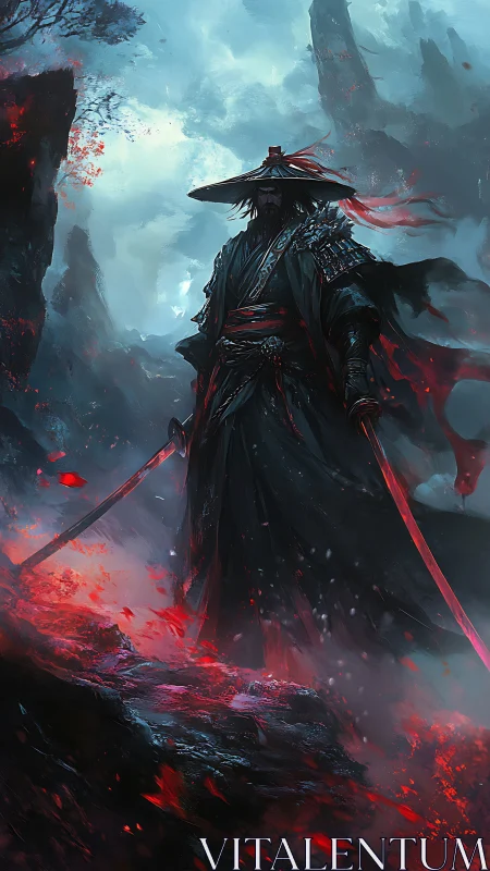 Stormlit wanderer with twin blades on a crimson path.