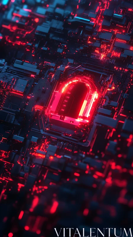 Red illuminated circuit core with glowing digital gate.