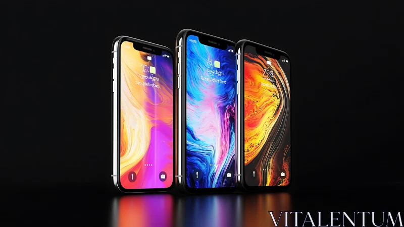 Triple smartphone lineup with vivid abstract OLED displays.