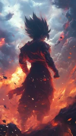 Backlit warrior silhouette in eruptive atmospheric inferno.