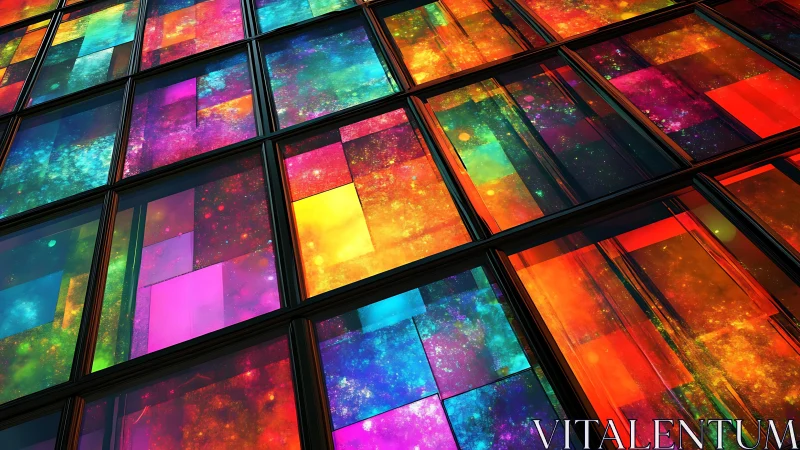 Prismatic glass panels mirror a cosmic neon lightscape.