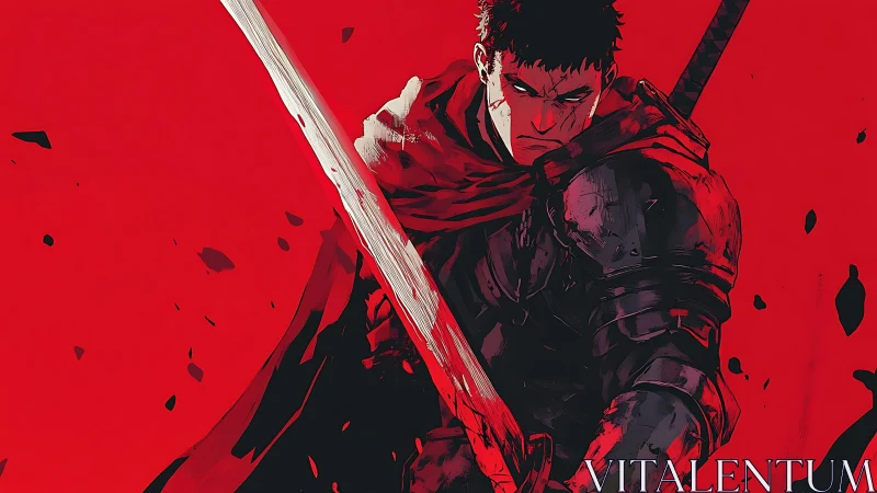 Armored swordsman in red background with dynamic slash.