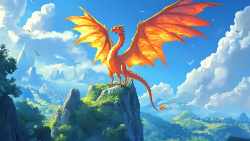 Fiery orange dragon surveys sunlit mountains from cliff peak.