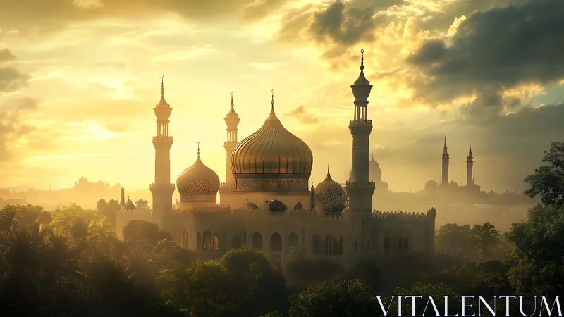 Golden domed mosque glows through misty jungle sunrise
