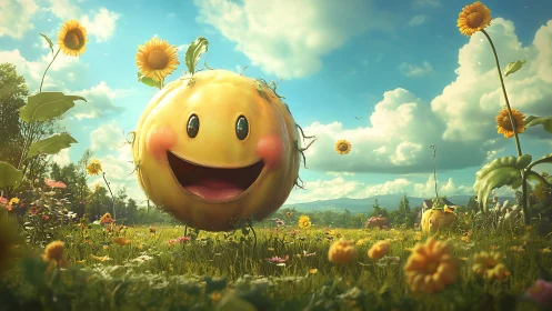 Smiling spherical fruit character anchors whimsical meadow scene