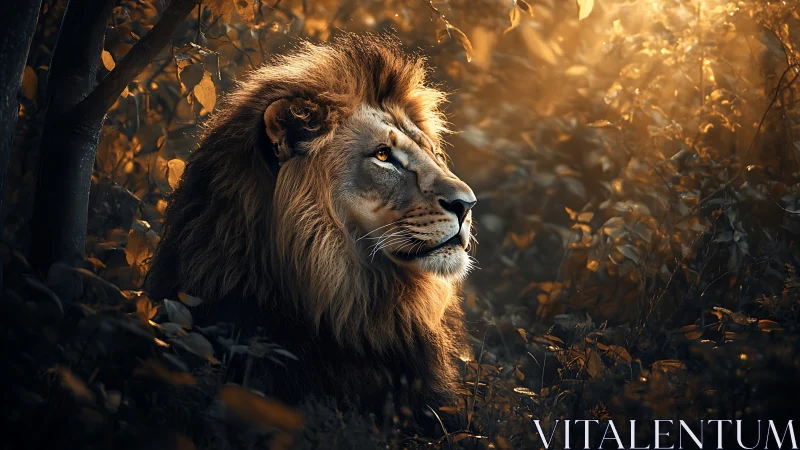 Male lion sits in dense foliage under directional sunlight