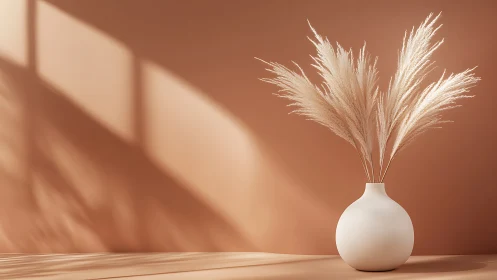 Soft sunlit pampas plume bouquet in a sculpted matte vase.