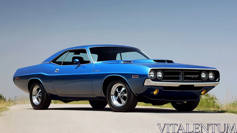 Blue muscle car coupe rendered in clean photoreal daylight
