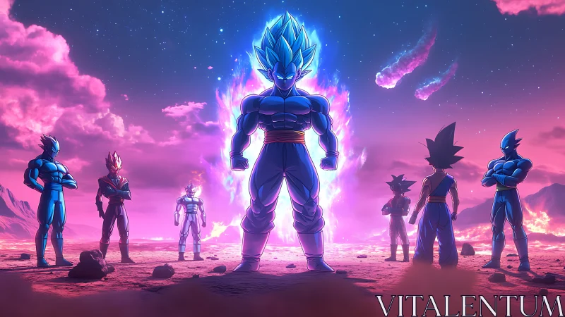 Energetic Saiyan formation on luminous extraterrestrial plain.