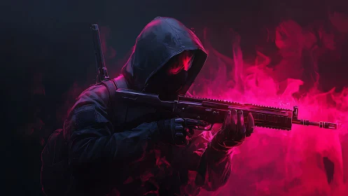 Neon-shadow marksman amid burning magenta warfog.
