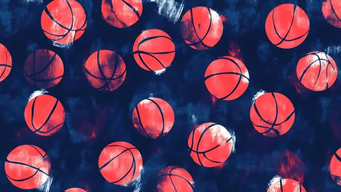 Playful coral basketballs dancing on deep night blue.