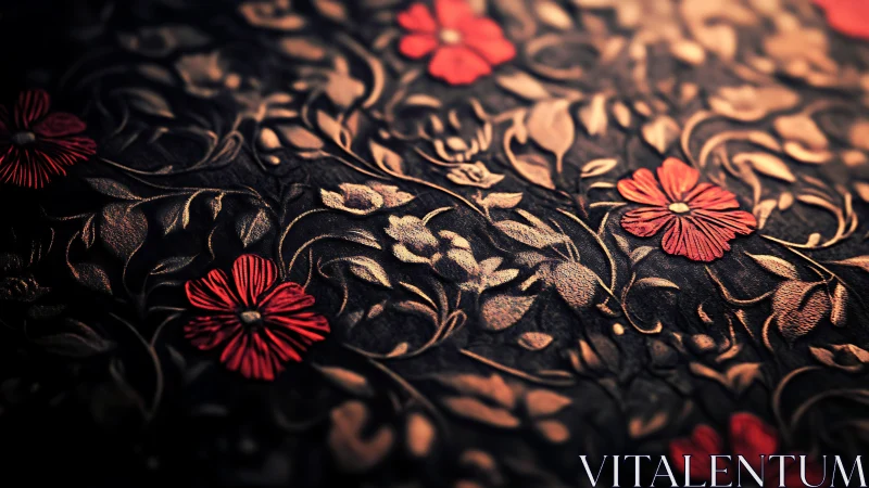 Crimson Flowers Emerge Against Golden Embroidered Darkness.