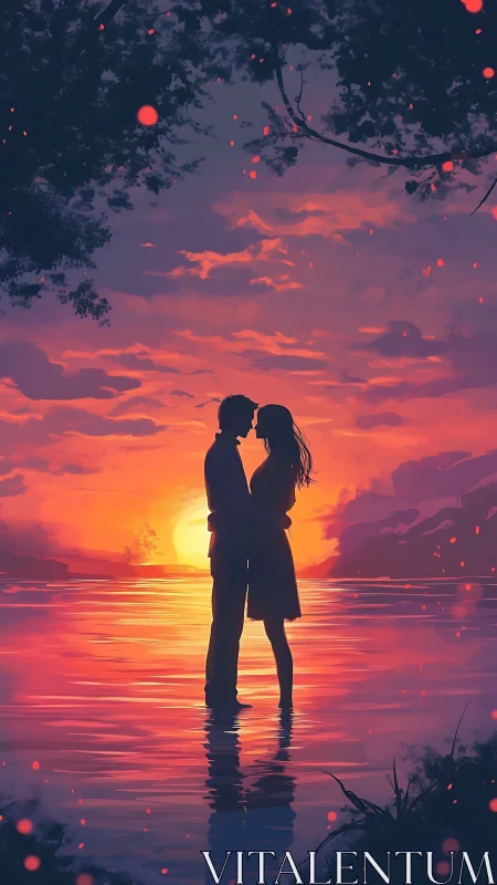 Silhouetted Couple Embracing at Sunset Over Water with Luminous Particulate Effects