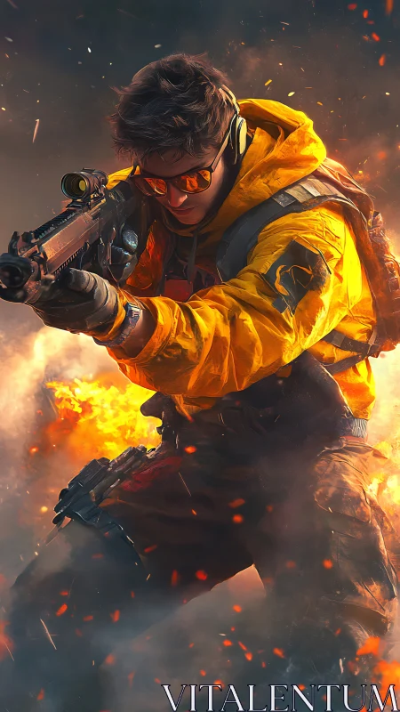 Tactical marksman in yellow hoodie amid explosive firefight