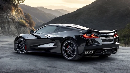 Sunset mountain drive with a sleek black sports coupe.