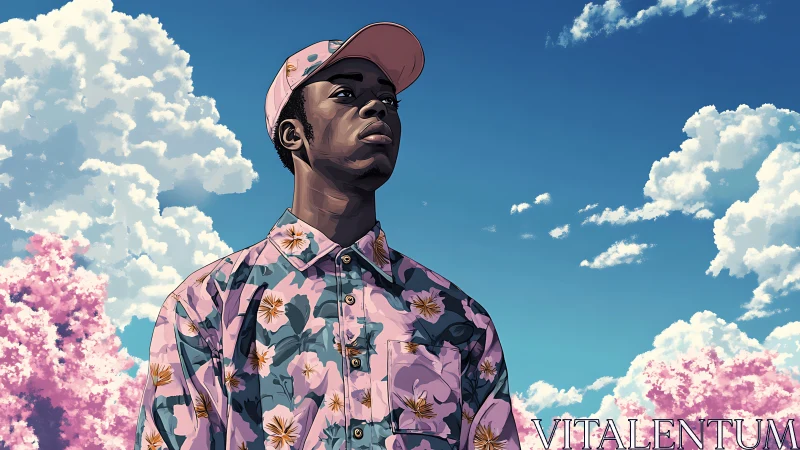 Young man in floral shirt under vivid spring sky.