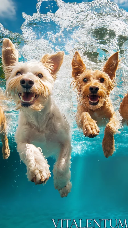 Two small dogs underwater in clear blue swimming pool.