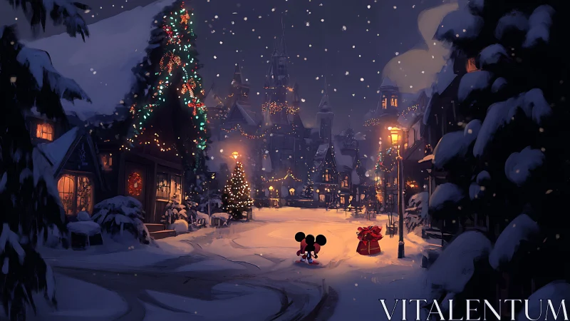 Nighttime snowy village street with festive Christmas lights