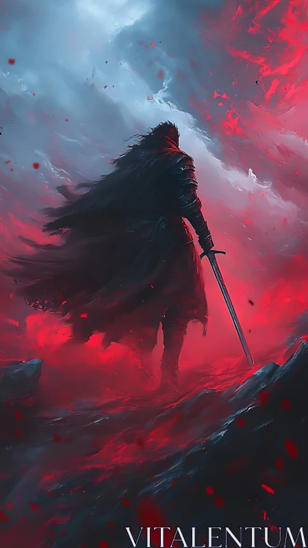 Dark warrior strides through raging red and blue storm.