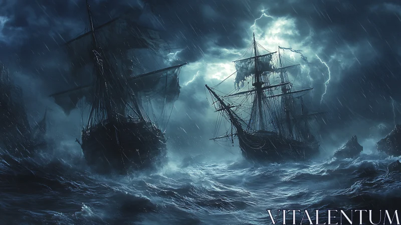 Storm-lashed tall ships chasing courage through dark waves.