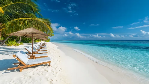 Tropical Resort Beach with Loungers and Turquoise Waters
