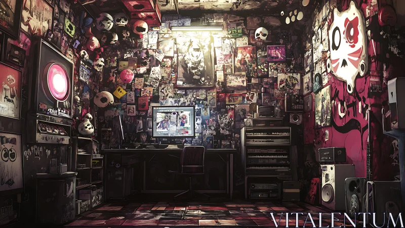 Punk-inspired digital art studio workspace filled with posters