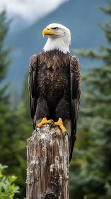 Calm mountain lookout with a proud bald eagle perched high.