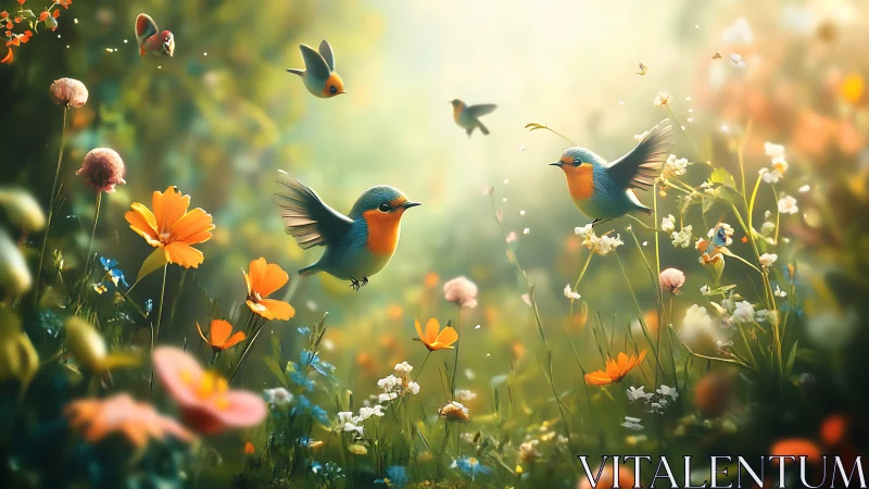 Robins in Bloom. Golden meadow garden with flying birds and flowers.