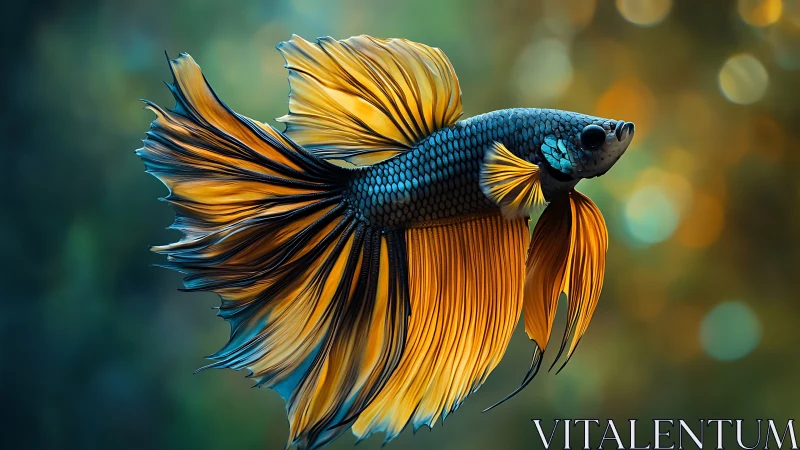 Golden-finned betta fish in dynamic side profile render.