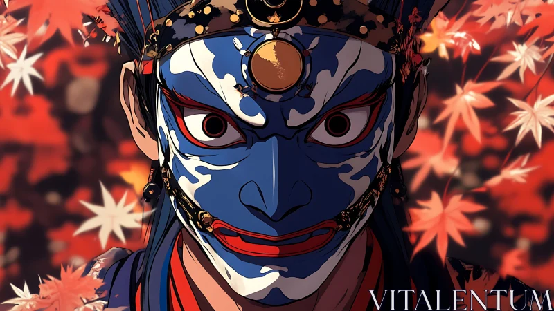 Samurai mask portrait in blue lacquer under maple leaves.