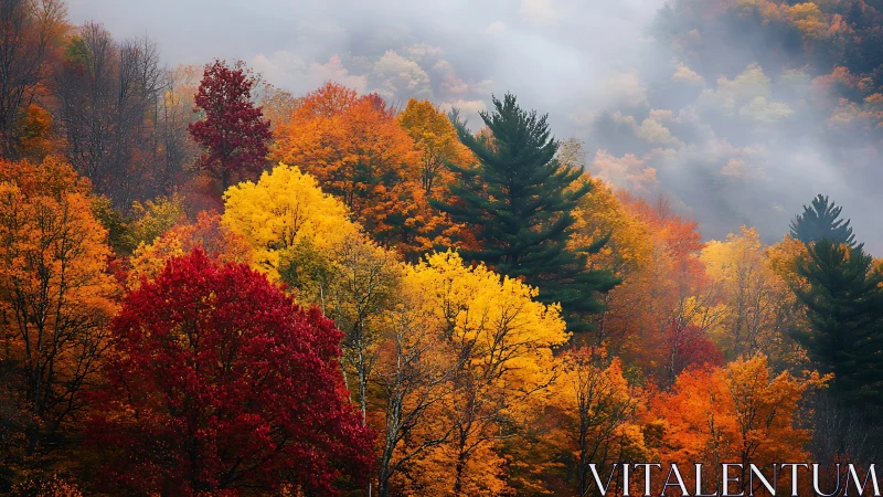 Fog-kissed autumn forest choir in blazing jeweled colors.