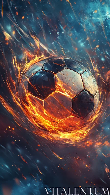 Fiery soccer ball streaks through stormy blue inferno.
