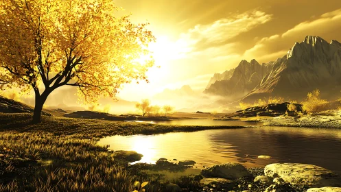 Backlit autumn tree dominates reflective alpine lake under golden haze