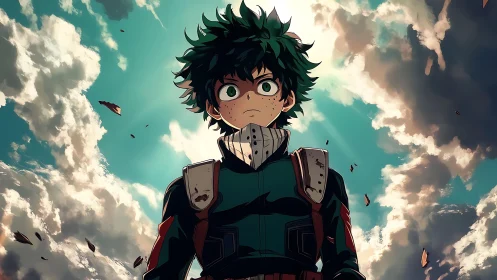 Determined green-haired hero stands beneath dramatic clouds.