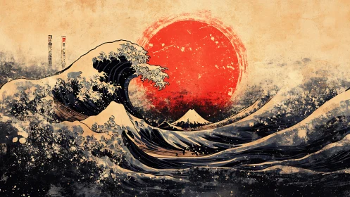 Crashing ukiyo-e waves salute a blazing vermilion sun.